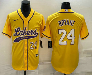 Mens Los Angeles Lakers #24 Kobe Bryant Number Yellow With Patch Cool Base Stitched Baseball Jersey